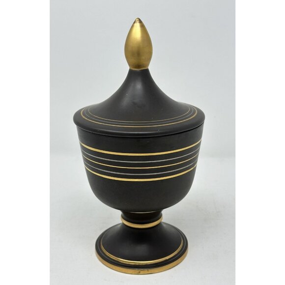 Vtg VEE JACKSON CALIFORNIA 10" URN w/ FINIAL LID Black/Brown Gold Silver Lines - Picture 3 of 13